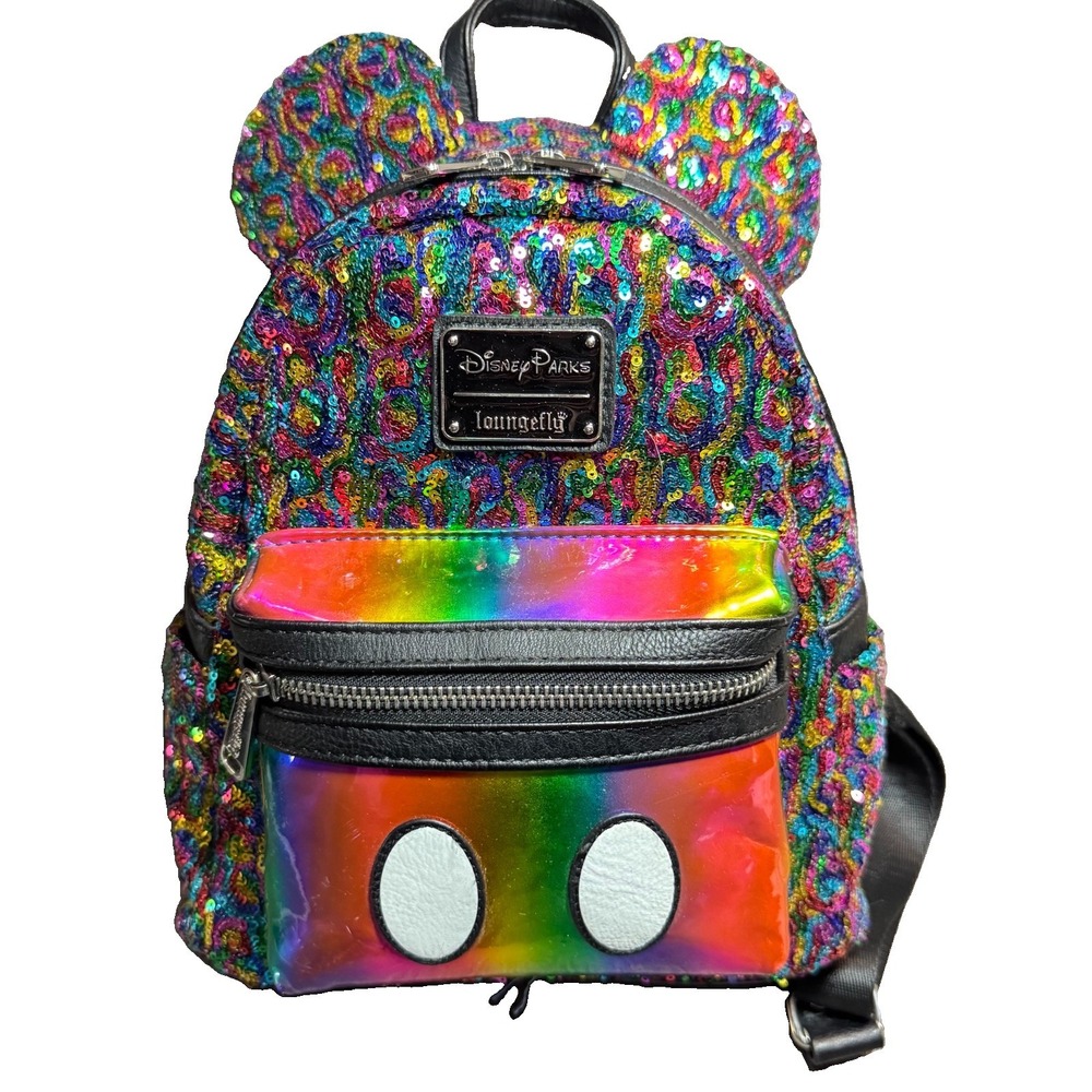 Loungefly Mickey Mouse Rainbow Sequin Mini Backpack Purse Bag Disney Ears